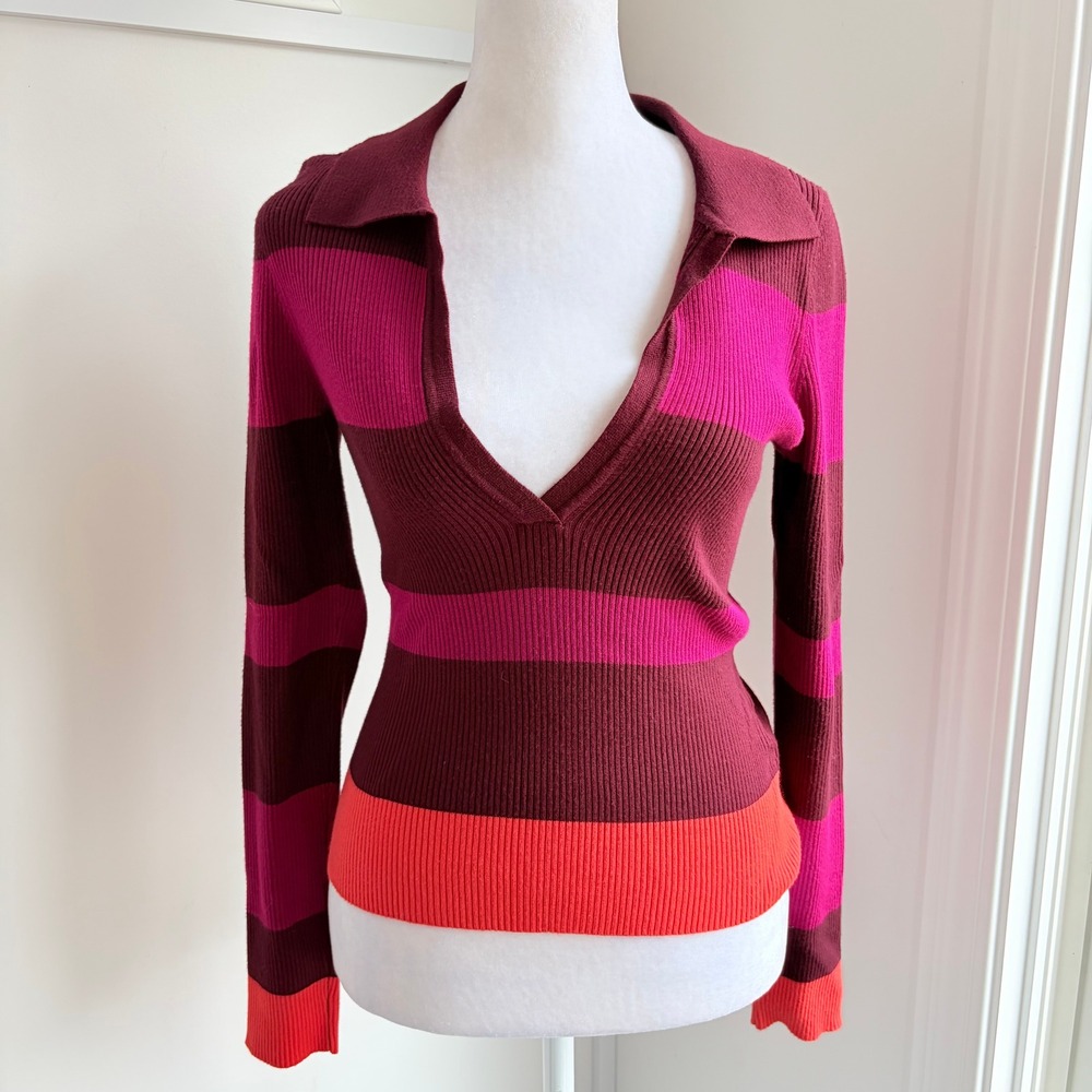 House‎ of Harlow 1960 Striped Ribbed Sweater Small Retro Burgundy Magenta V-Neck